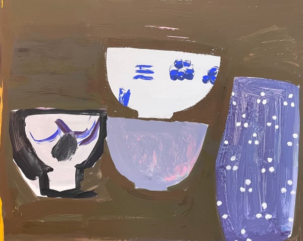 Nancy Gruskin Four Wonky Pots, 2021 Acrylic Gouche on Panel 16 x 20"