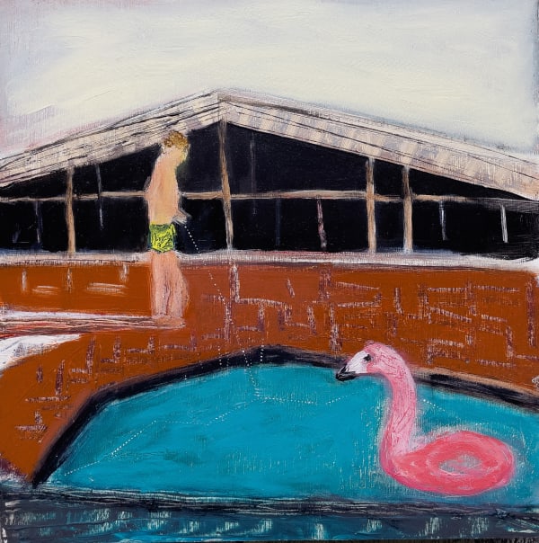 Megan Magill Modern Flamingo, 2023 Oil and Oil Stick on Panel 12x12x1.5"