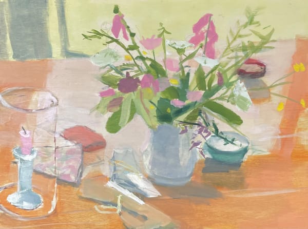 Sara MacCulloch Great Spruce Head Flowers and Candle, 2024 Oil on panel 12x16x1"