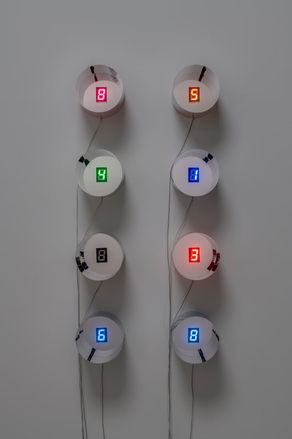 Tatsuo Miyajima Hundred Changes in Life - no.3, 2024 L.E.D., IC, electric wire, concrete-like painted wood panel, switching power supply 100 x 48.5 x 20 cm