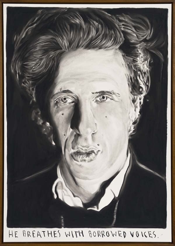 Rinus Van de Velde He breathes with borrowed voices., 2025 charcoal on canvas 120 x 85 cm 123.5 x 88.5 cm artist frame