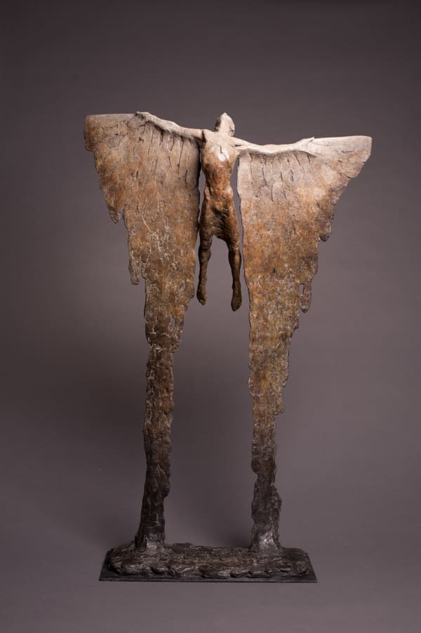 Figurative bronze sculpture of mythical Greek winged figure Icarus by Nicola Godden, maquette for monumental sculpture