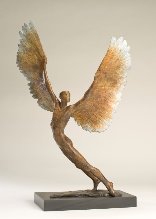 Figurative bronze sculpture of mythical Greek winged figure Icarus by Nicola Godden, displayed on plinth.