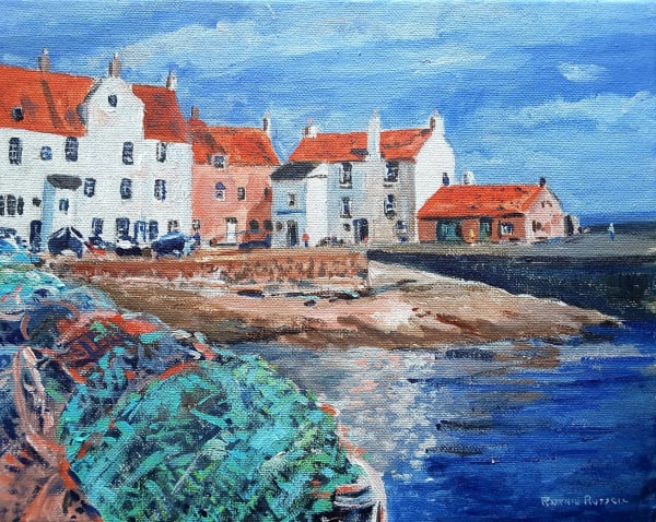Ronnie Russell Fishing Nets, Pittenweem Harbour Acrylic on canvas 20 x 25 cm Framed 35 x 40 cm