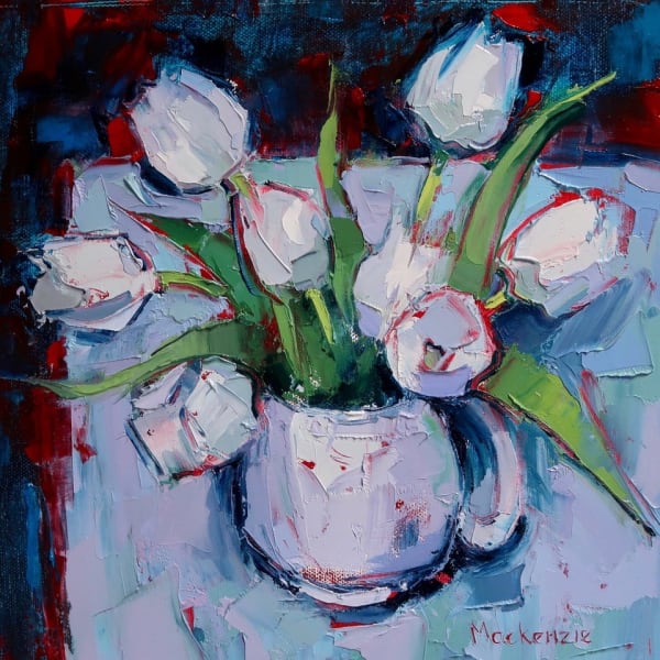Jennifer Mackenzie Winter Tulips Oil on canvas 30 x 30 cm Framed 42 x 42 cm