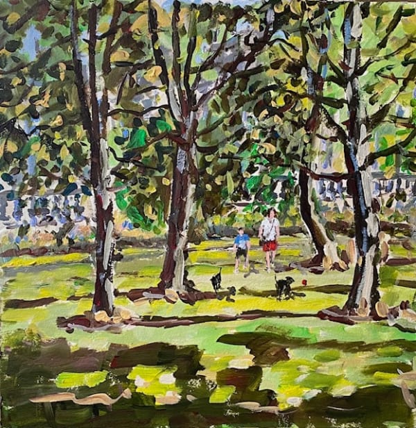 Kathleen Bremner Sun in Rubislaw Terrace Gardens Acrylic 40 x 40 cm Framed 62 x 62 cm