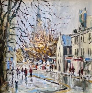 Kathleen Bremner Wet Day, Schoolhill, Aberdeen Acrylic 40 x 40 cm Framed 62 x 62 cm