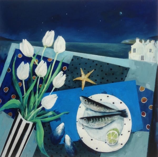 Mairi Stewart The Visit Acrylic on board 70 x 70 cm Framed 90 x 90 cm