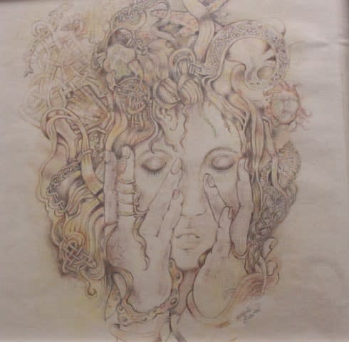 Ann Bowes Celtic Mermaid Watercolour & pencil 30 x 30 cm Framed 33 x 33 cm