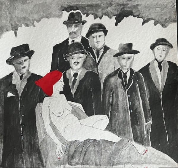 Dolleen MacLennan Hats and Minds Pen, ink, watercolour & collage 30 x 30 cm Framed 32 x 32 cm