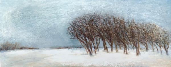 Liz Milne Backs to the Wind Oil & mixed media 28 x 70 cm Framed 41 x 83 cm