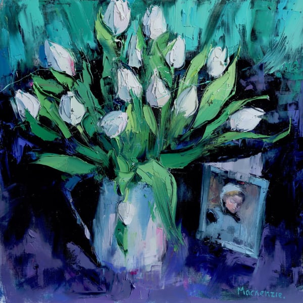 Jennifer Mackenzie White Tulips Oil on canvas 50 x 50 cm Framed 70 x 70 cm