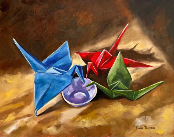 Fiona Thomson Feeding the Birds Oil on canvas 28 x 35 cm Framed 40 x 48 cm