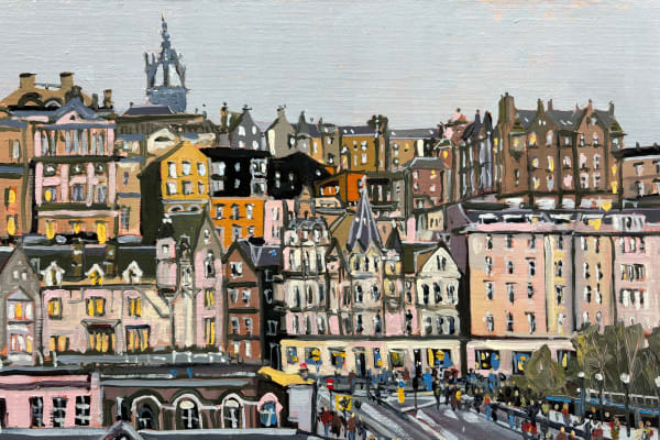 John O'Neill Shoppers in Edinburgh Oil on board 30 x 40 cm Framed 50 x 60 cm