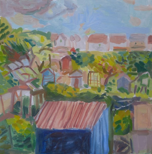 Tadeusz Deregowski Blue Shed - Garthdee Allotment Oil on card 25 x 25 Framed 30 x 30 cm