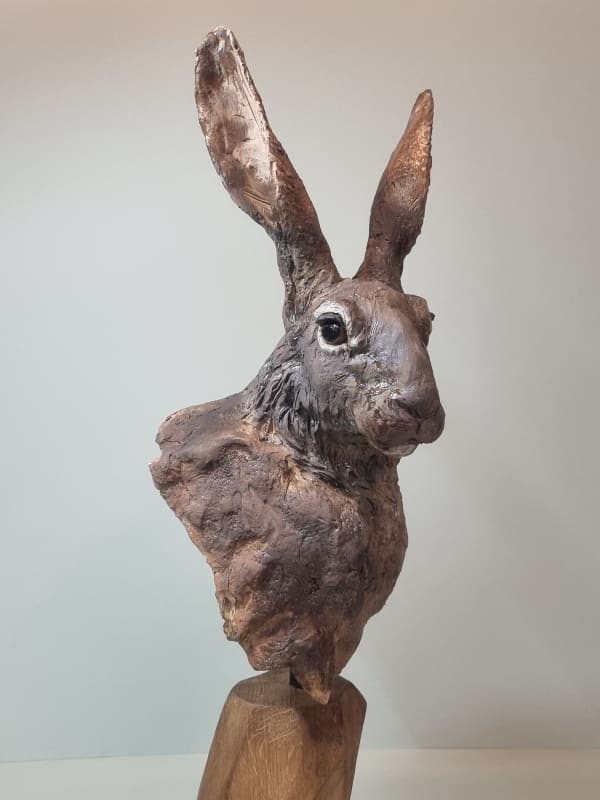 Lesley D McKenzie Hare Bust Raku ceramic & oak 60 x 25 cm