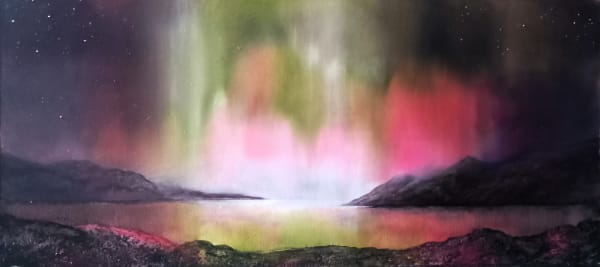 Peter Dworok Northern Lights, Loch Snizort Oil on board 61 x 28 cm Framed 70 x 38 cm