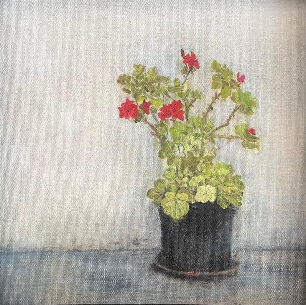 Sandra Johnston Little Lady Scarlett Oil on linen board 30 x 30 cm Framed 33 x 33 cm