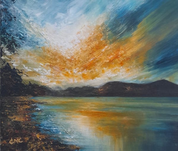 Grace Cameron Orange Evening Glow Over Loch Linnhe Acrylic on canvas 30 x 35 cm
