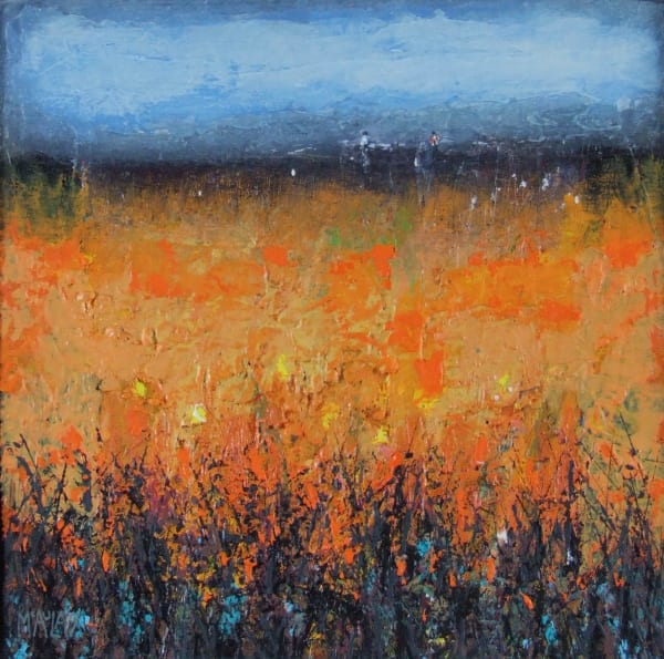 Robert McAulay Orange Landscape , Two Travellers Mixed media 30 x 30 cm Framed 35 x 35 cm