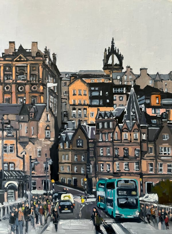 John O'Neill Buses in Edinburgh Oil on board 25 x 40 cm Framed 45 x 60 cm
