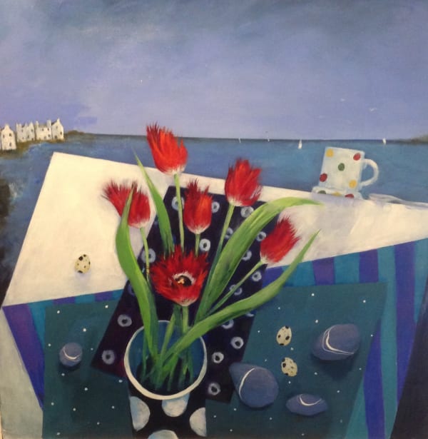 Mairi Stewart Tea by the Sea Acrylic on board 70 x 70 cm framed 90 x 90 cm