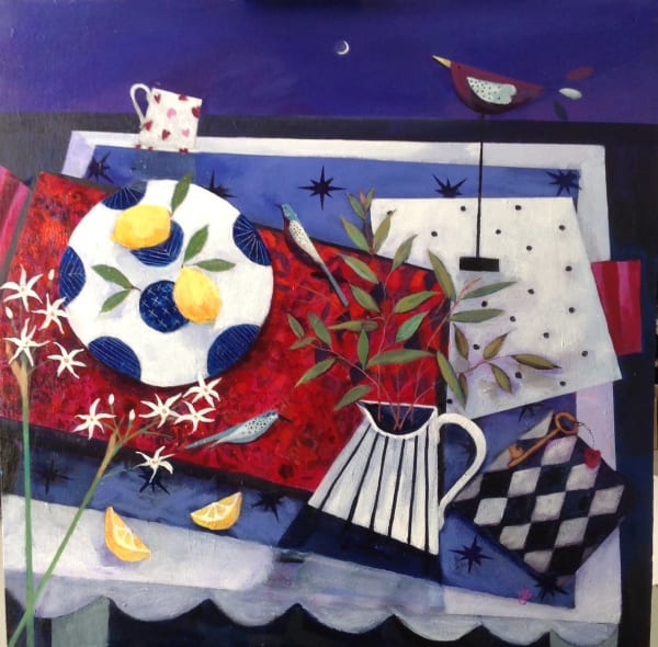 Mairi Stewart Lemons, Leaves and Birds Acrylic on board 70 x 70 cm Framed 90 x 90 cm