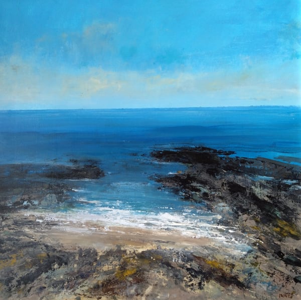 Frances Innes Blue Horizon Acrylic on wooden panel 50 x 50 cm Framed 65 x 65 cm