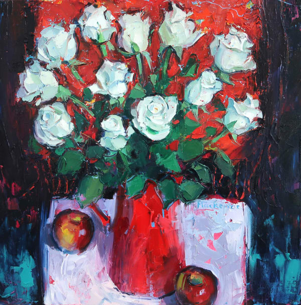 Jennifer Mackenzie Red Apples and White Roses Oil on canvas 50 x 50 cm Framed 70 x 70 cm