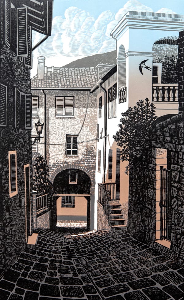 Bryan Angus Towards Via Del Pertorio Three layer reduction lino print 40 x 25 cm Framed 68 x 52 cm