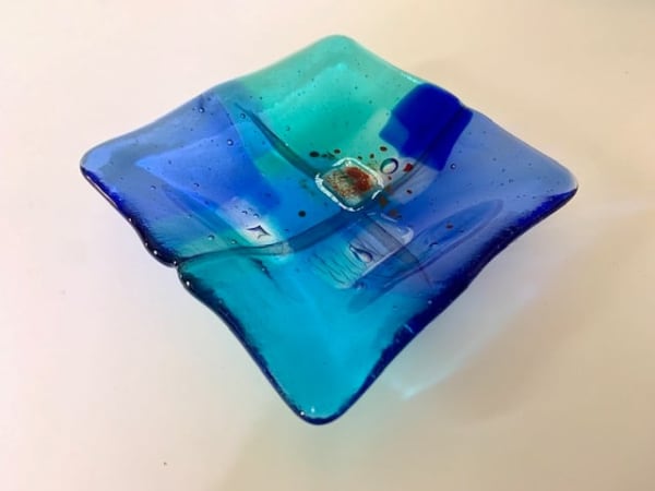 Kim Bramley SGS CGS Tapestry Land Blue I Kiln-formed art glass 12 x 12 x 2 cm