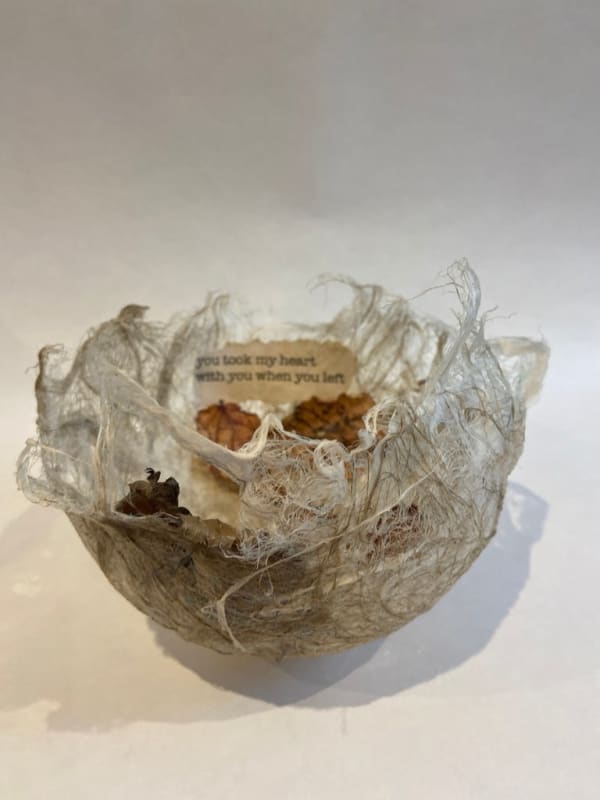 Fi Knox Form I Flax fibre, sea glass, leaves & text 17 x 17 cm