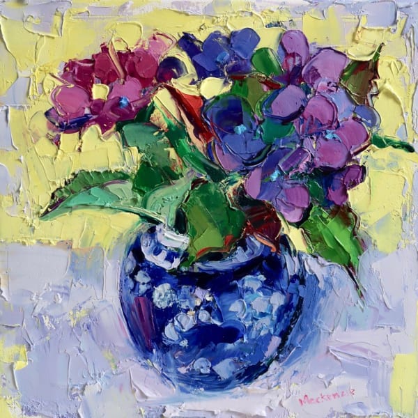 Jennifer Mackenzie Wee Bowl of Hydrangea Oil on canvas 30 x 30 cm Framed 45 x 45 cm