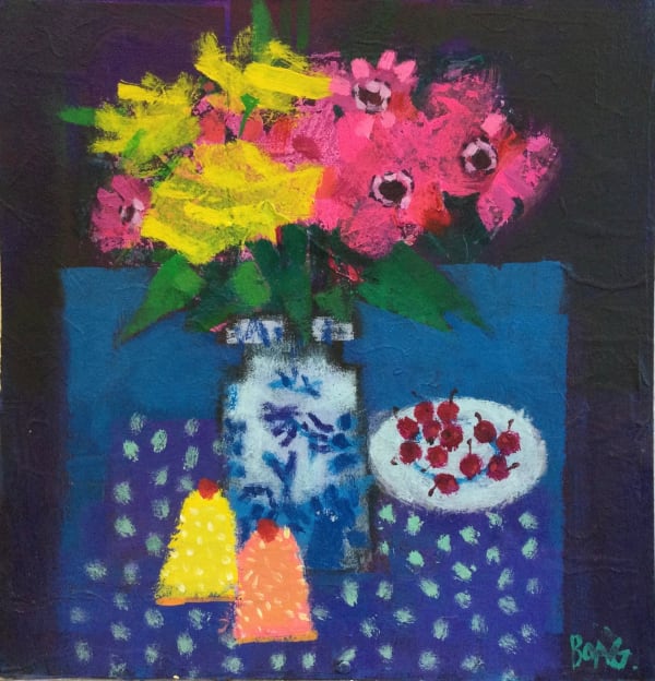 Francis Boag Blooms and Cakes Acrylic on canvas 22 x 22 cm Framed 36 x 36 cm