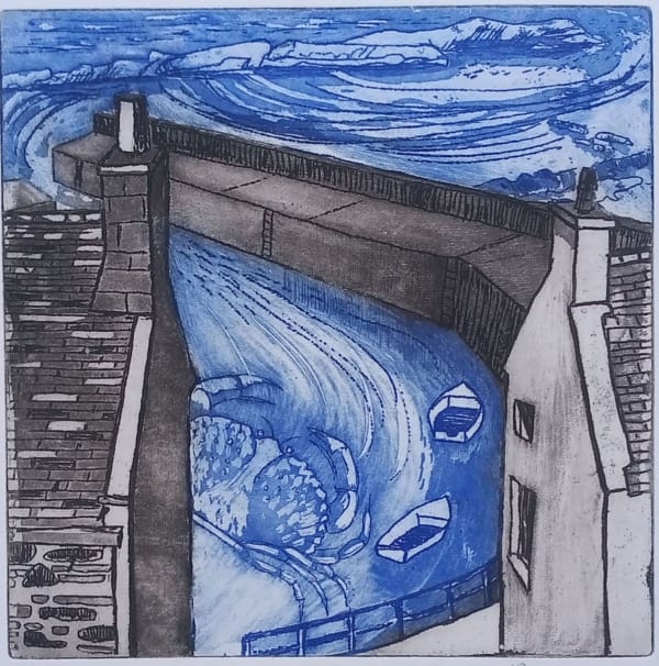 Kathleen Cowie Crovie Crab Etching with a la poupee 30 x 30 cm Framed 33 x 33 cm