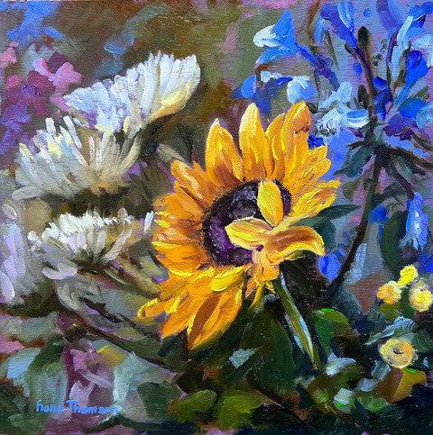 Fiona Thomson Sunflowers with Agapanthus & Chrysanthemum Oil on plywood 25 x 25 cm Framed 37 x 37 cm
