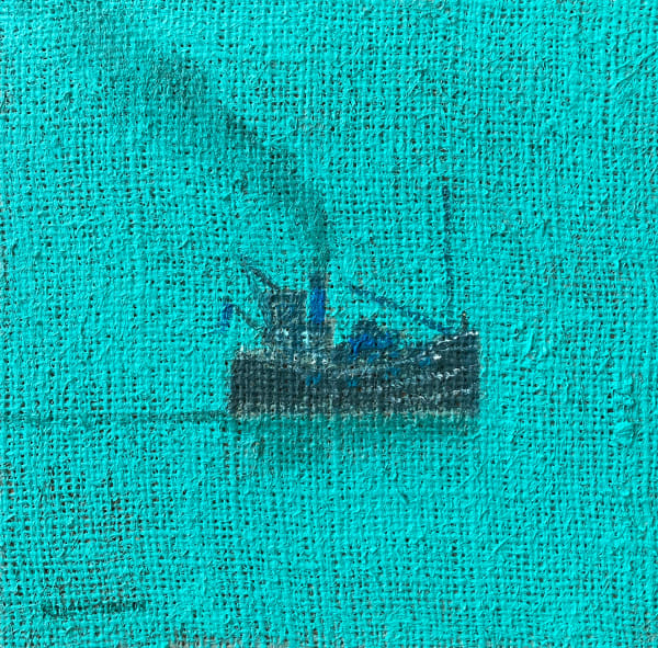 Stuart Buchanan Puffer Oil on hessian 21 x 21 cm Framed 36 x 36 cm