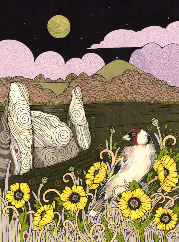 Anita Inverarity Dunnideer Ink drawing with gold leaf 30 x 41 cm Framed 46 x 56 cm