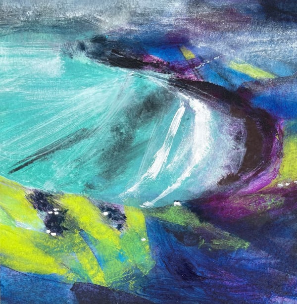 Caroline Bailey RSW Sun and Mist Staffin Bay Mixed media 35 x 35cm Framed 55 x 55 cm