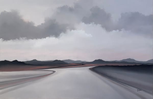 Landscape painting in gray and lavender tones