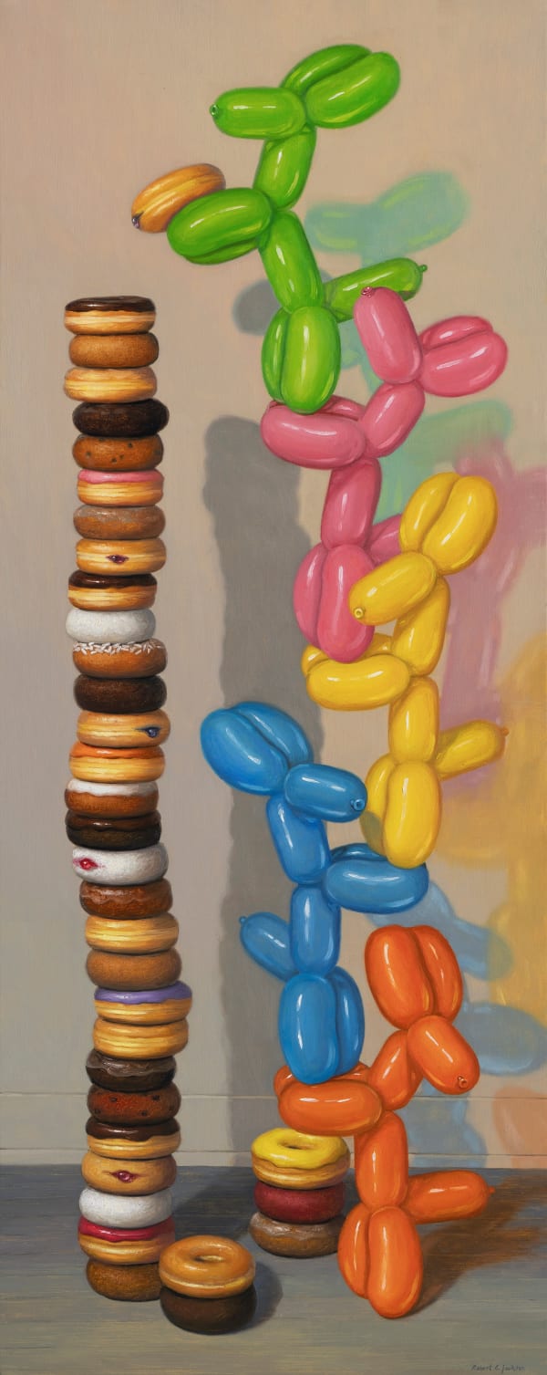 Painting of balloon dogs stacking donuts