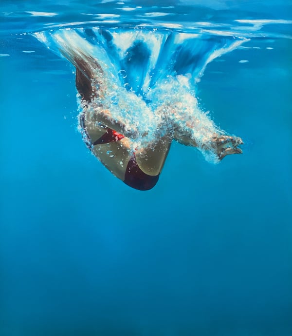 Oil painting of girl impacting water's surface in a cannonball on canvas