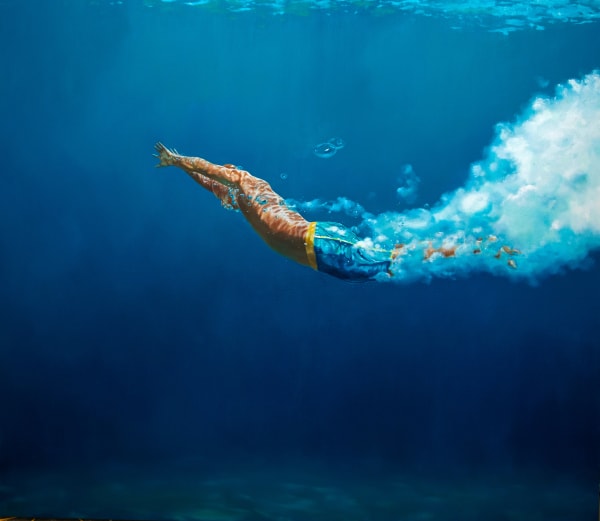Oil painting of male swimmer in vast blue water on canvas