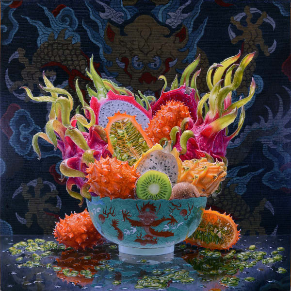 Still life painting with Dragon fruits and kiwi in a bowl on a table