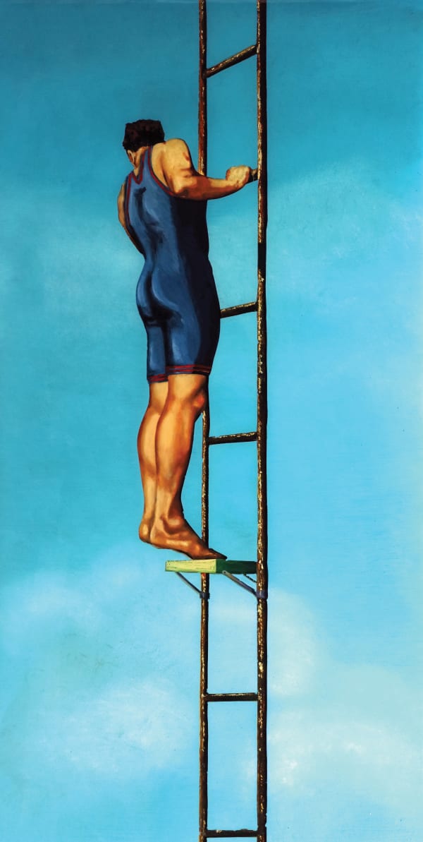 Painting of Man in vintage bathing suit climbing a ladder