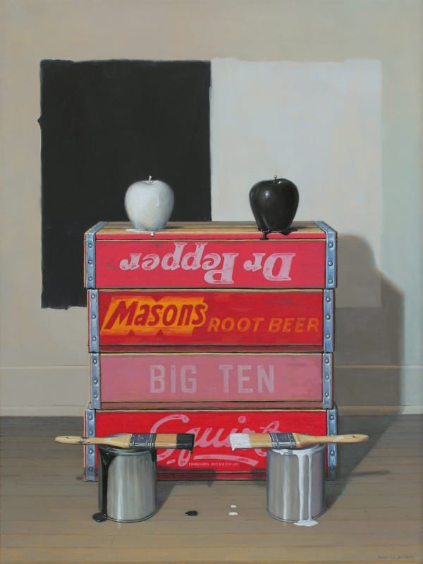 Still life painting of two painted apples on soda boxes