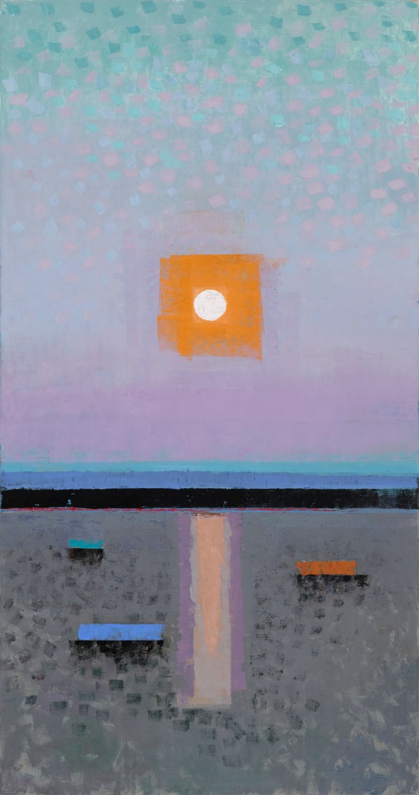 Painting of abstracted sunset over the ocean with three boats