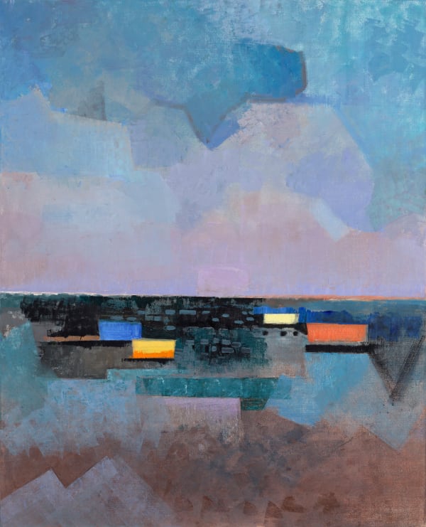 Abstract painting of boats in water