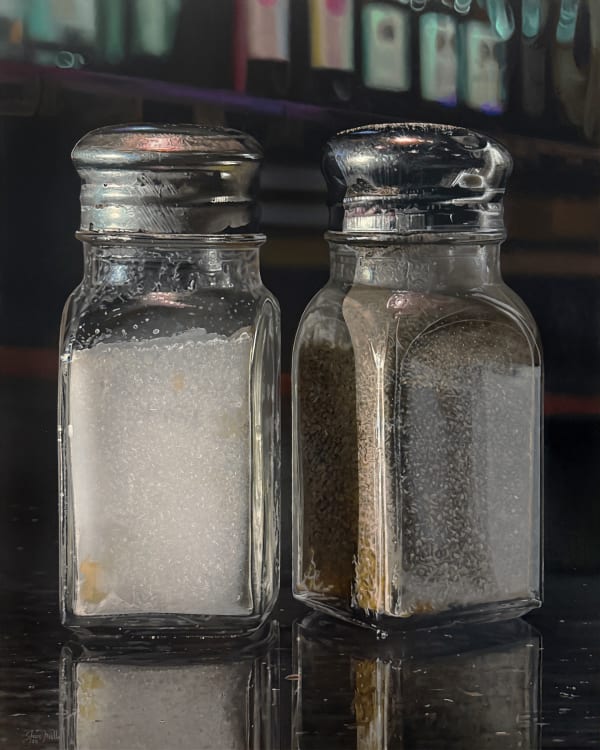Painting of a salt and pepper shaker sitting on a bar