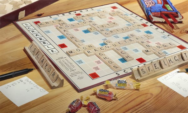 Painting of a scrabble board in the middle of a game